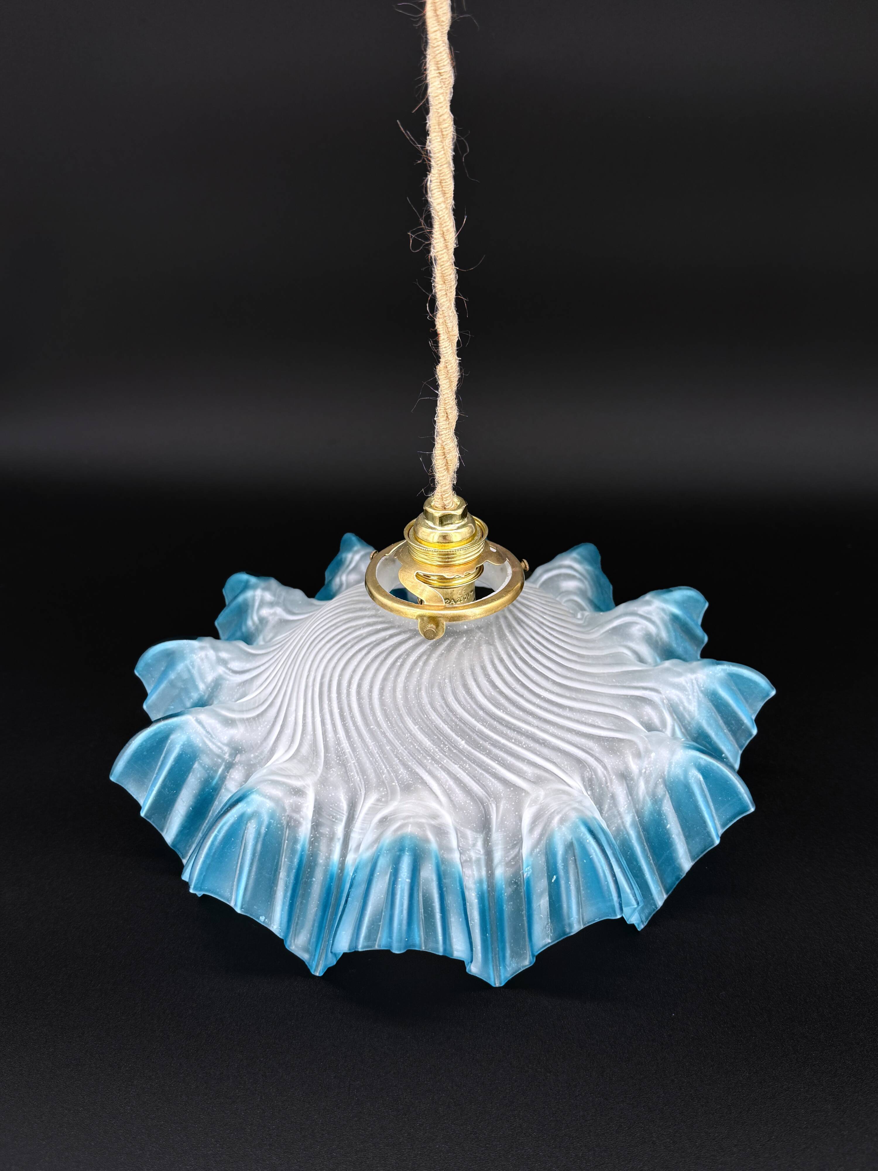 Vintage pendant light in blue gradient draped opaline glass