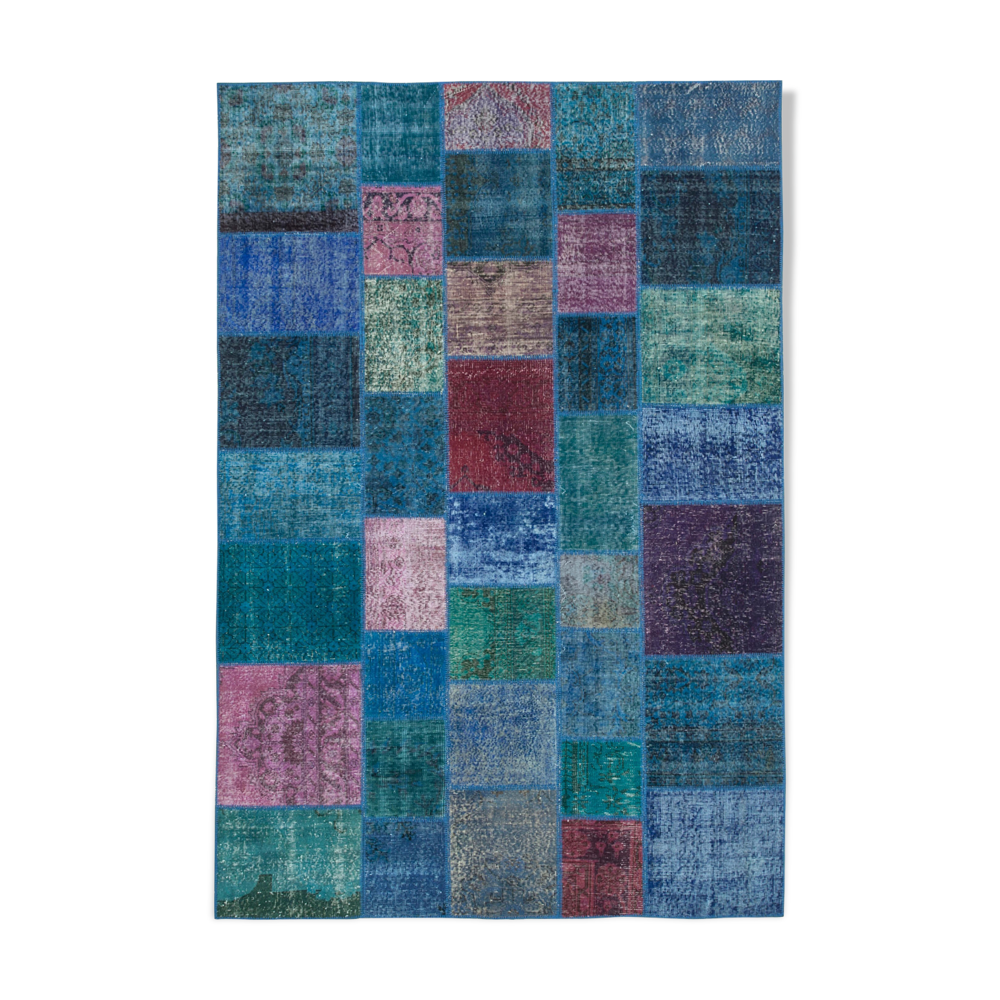 Handmade Anatolian Vintage 202 cm x 300 cm Blue Patchwork Carpet