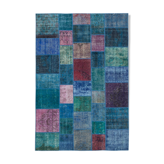 Tapis anatolian vintage 202 cm x 300 cm blue patchwork fait à la main