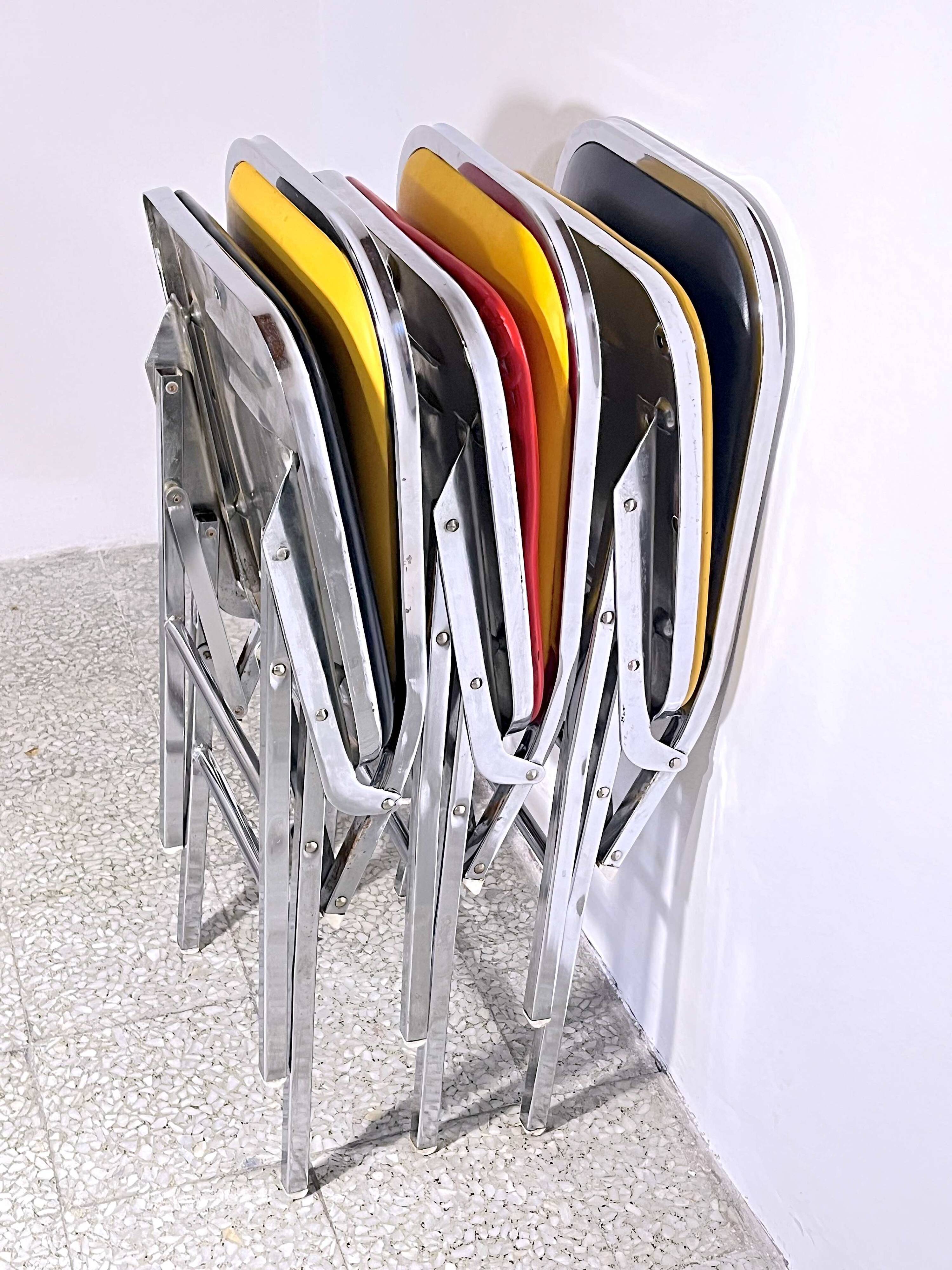 3 chrome & faux leather folding chairs, Elio Zema, Italy 1980s