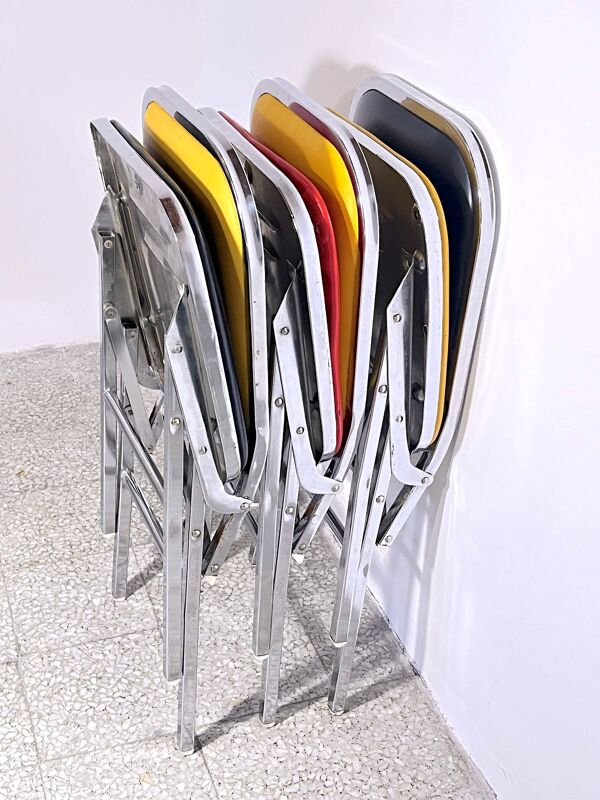 3 chaises pliantes chrome & faux cuir , Elio Zema, Italie 1980's