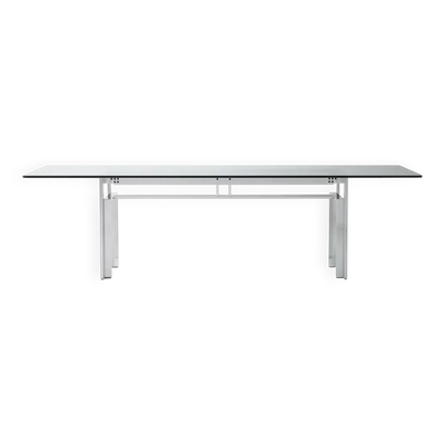 Table à manger en acier brossé avec plateau en verre - Doge - Carlo Scarpa pour Simon - années 1970