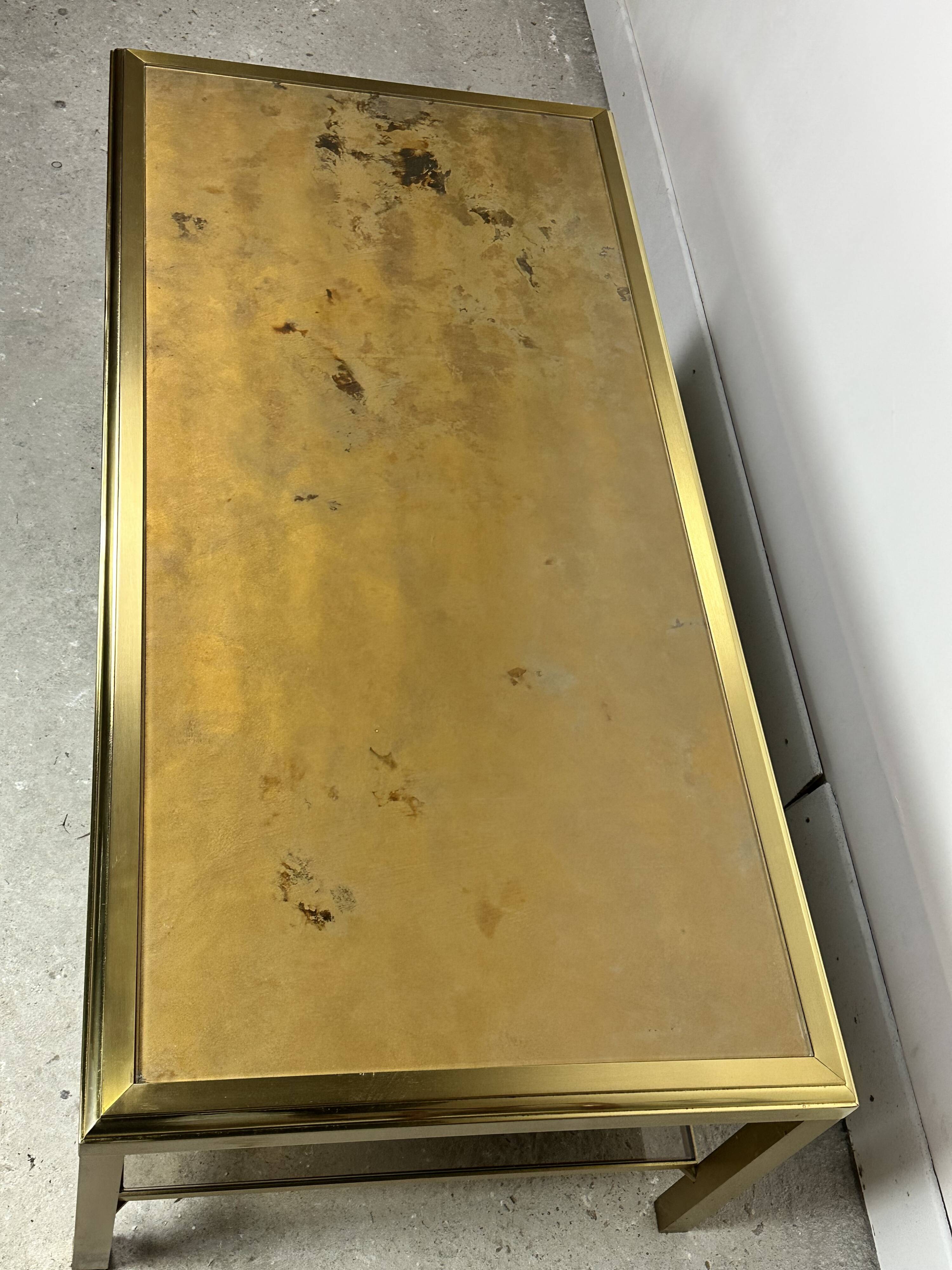 Vintage 70'S Hollywood Regency Brass and Iridescent Glass Coffee Table