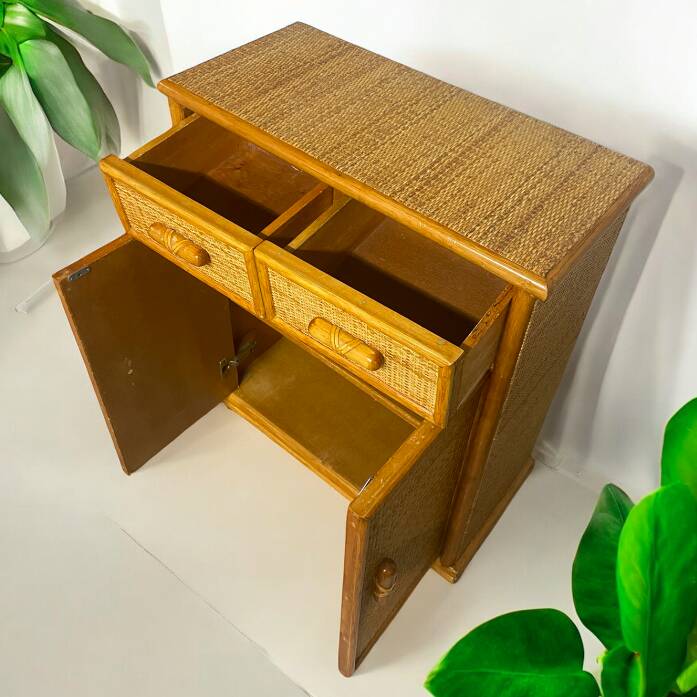 Vintage wooden and rattan chest of drawers