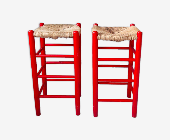 Suite Of 2 Red Wooden Bar Stools With, Wood Bar Stools With Rush Seats