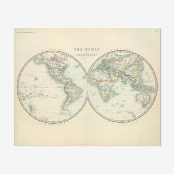 Carte antique du monde en hémisphères 1869, atlas général de wak johnston