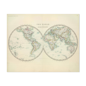 Antique map of the world in hemispheres  1869, w.a.k johnston general atlas