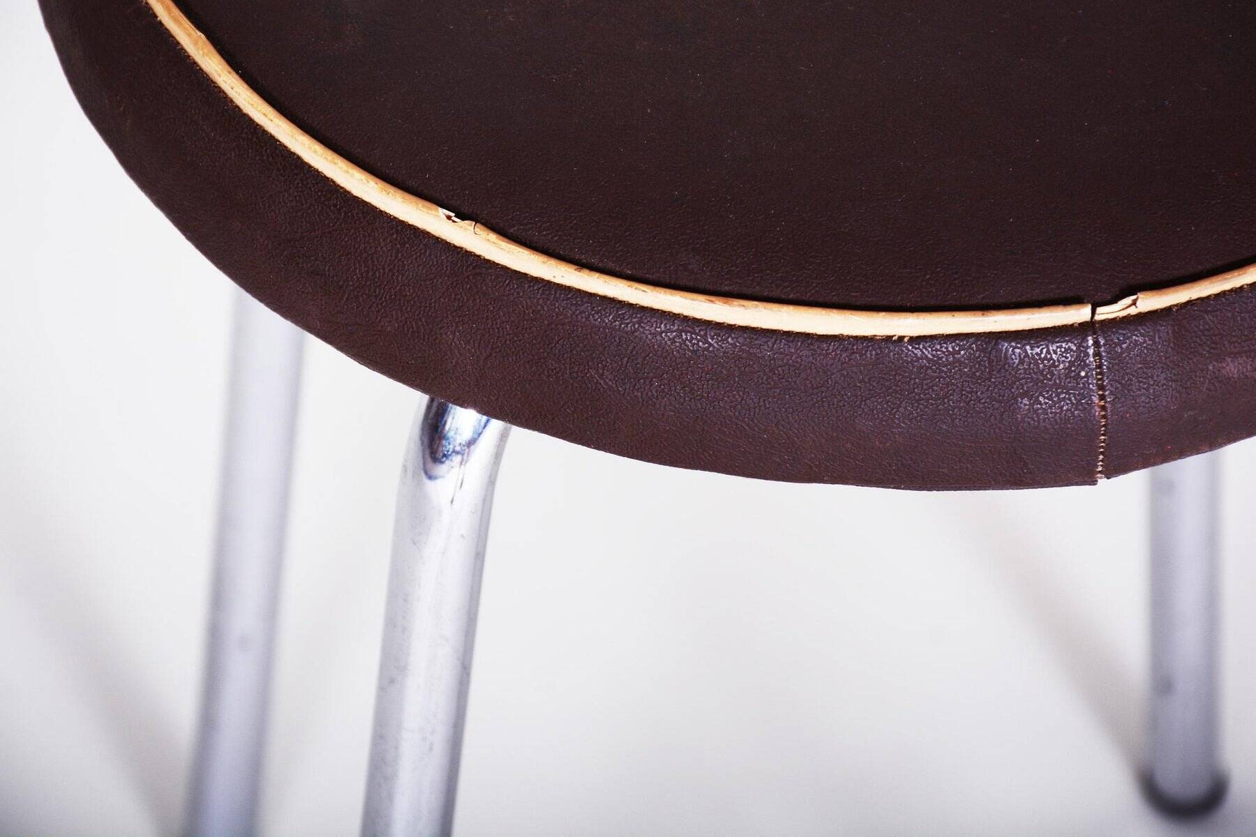 Small Bauhaus Round Leather & Chrome Stool by Robert Sezák, 1940s