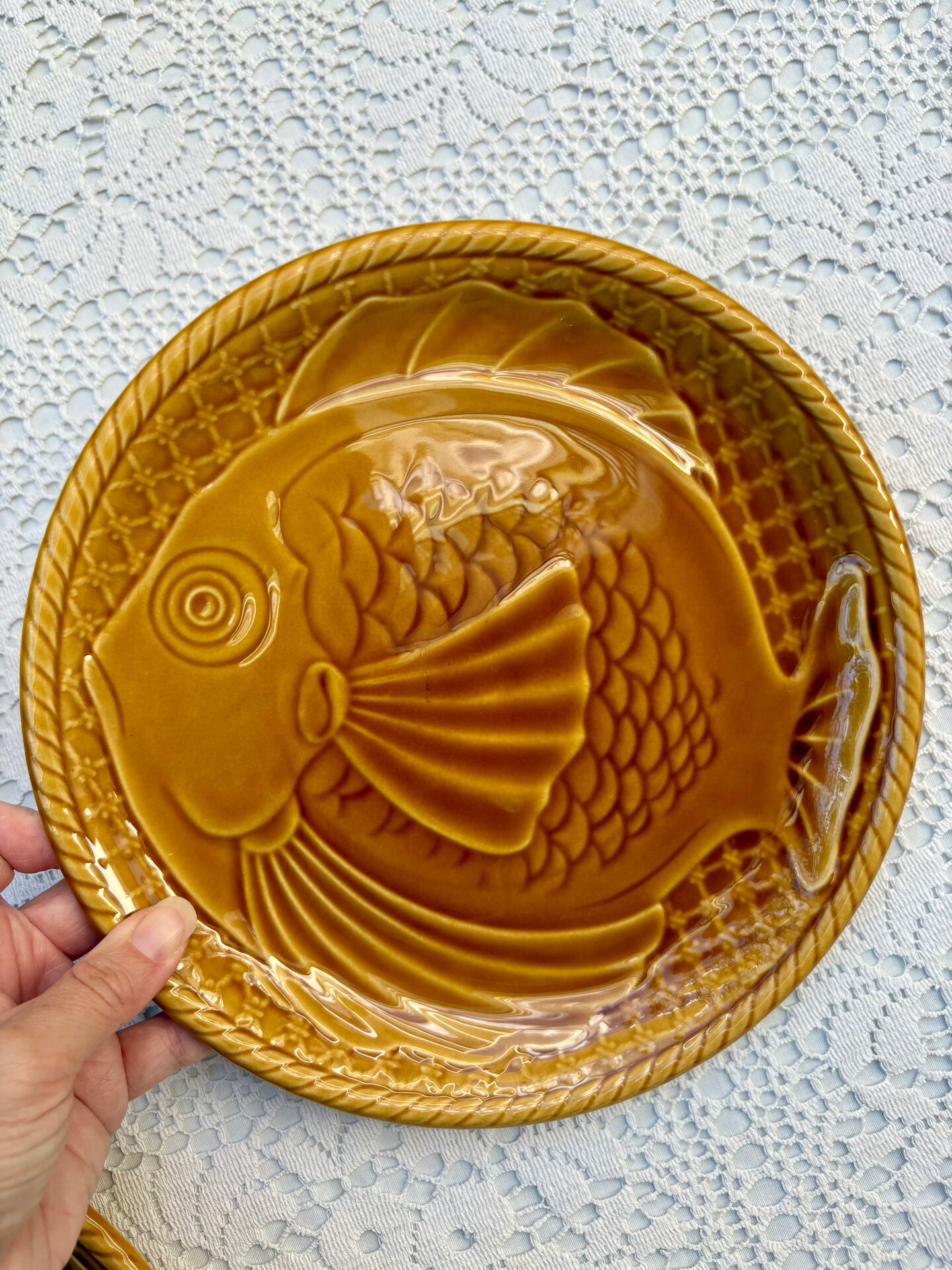 6 large barbotine plates gien fish
