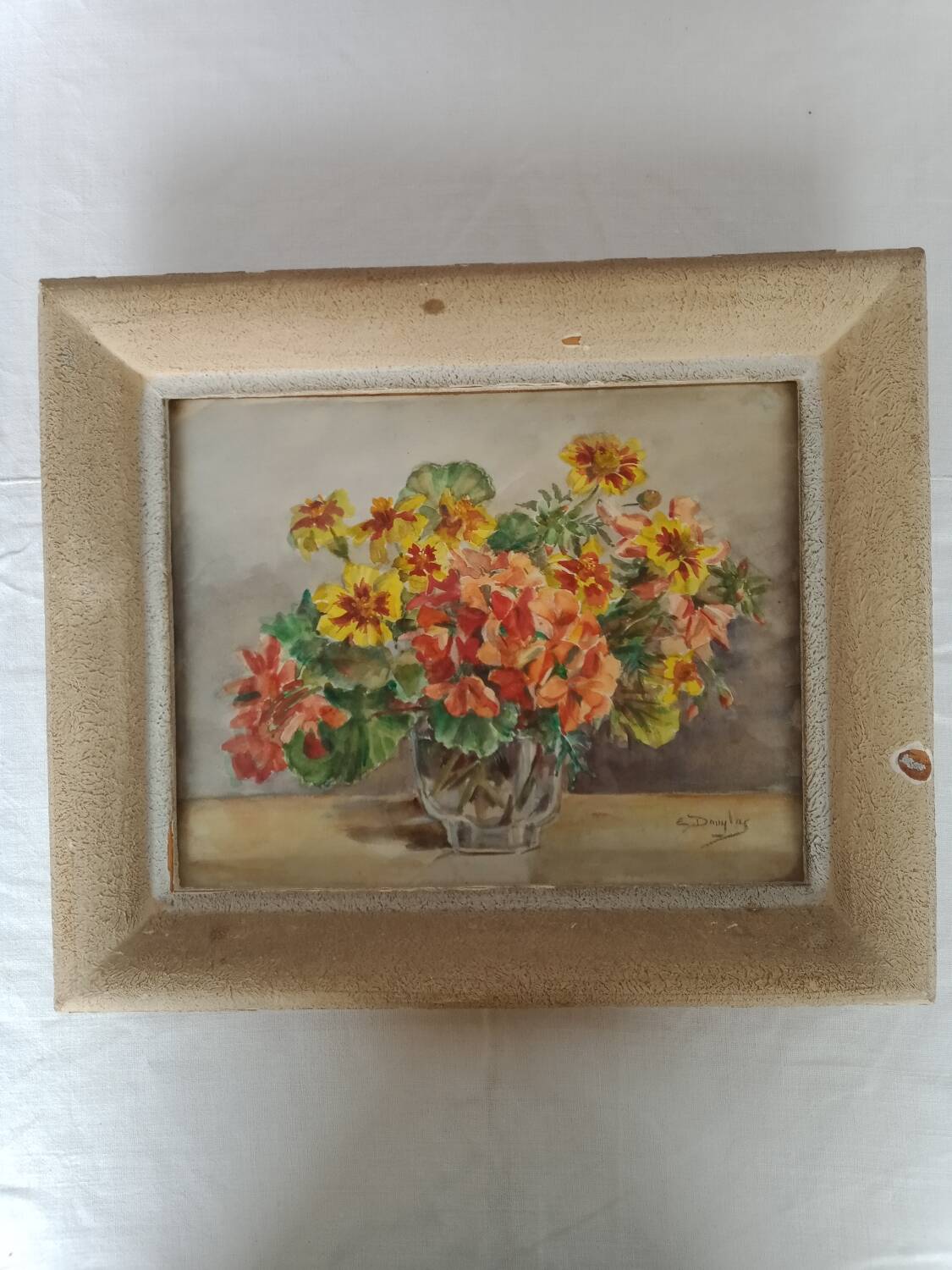 Watercolor painting bouquet of flowers signed old