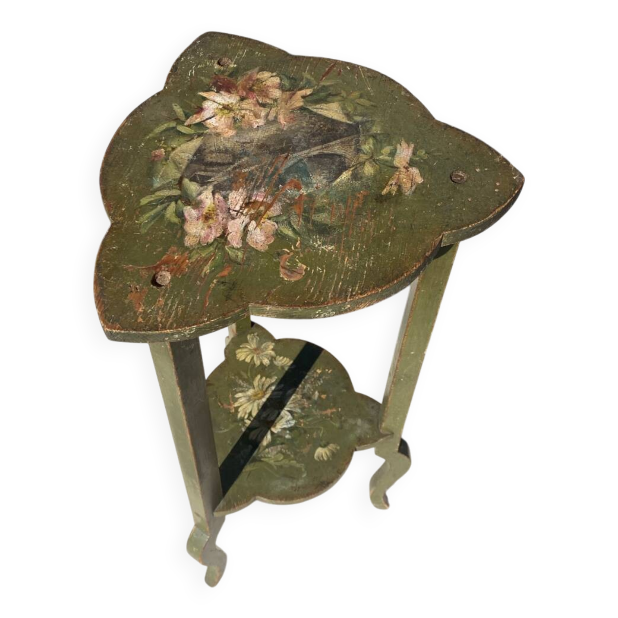Wooden pedestal table or side table painted with floral motifs