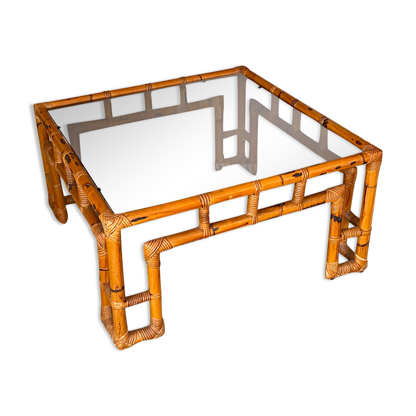 Coffee table Roche Bobois, 1970, rattan and smoked glass