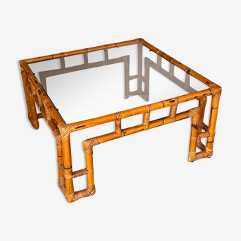 Coffee table Roche Bobois, 1970, rattan and smoked glass
