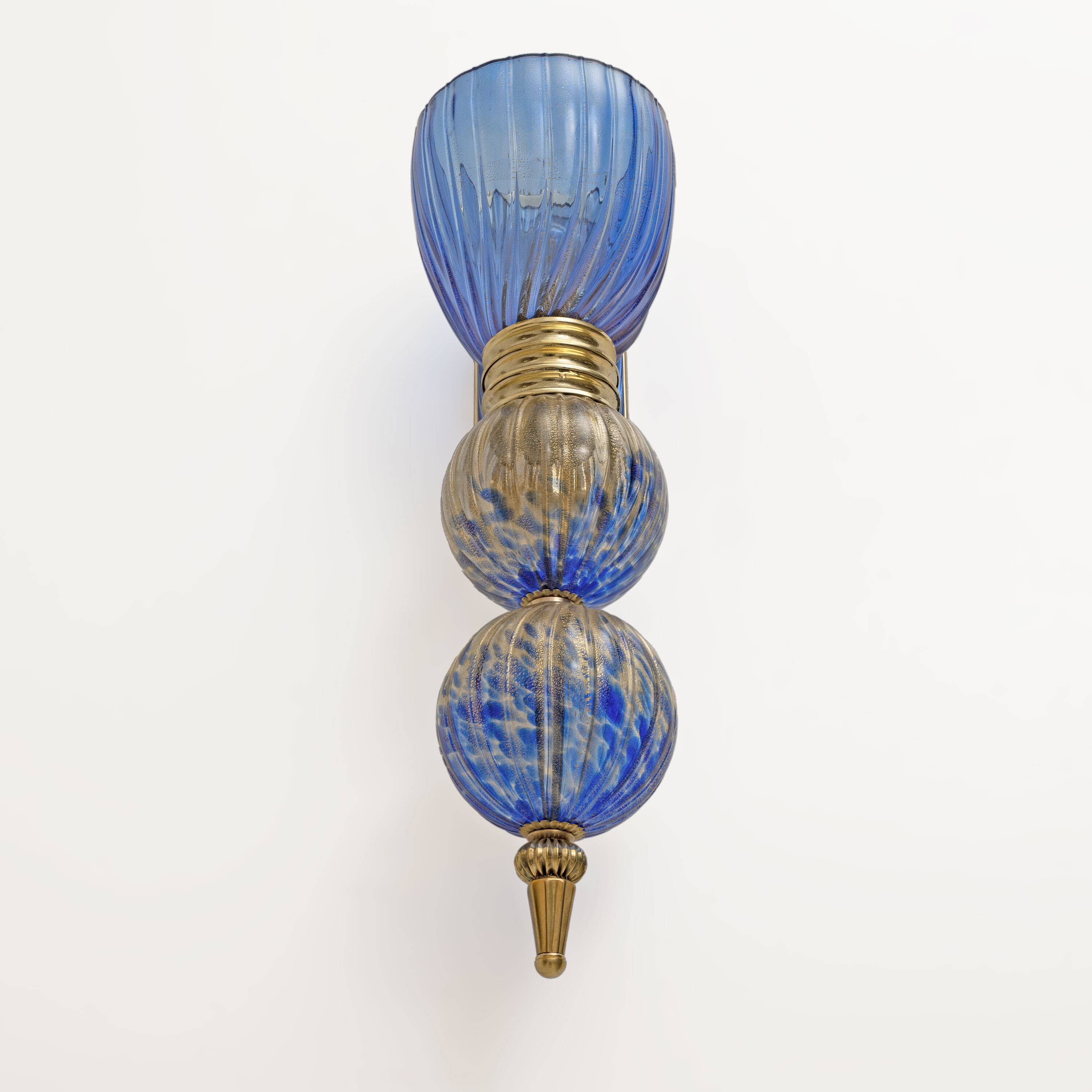 Pair of Murano Glass Blue Wall Sconces with Gold Dust Inclusions