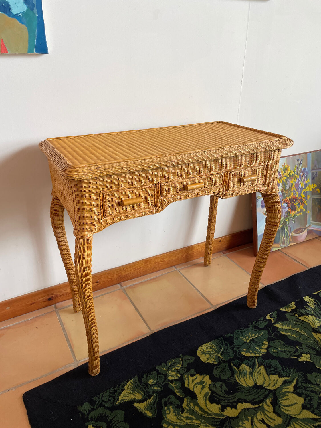 Rattan console desk with curved legs, 1970s