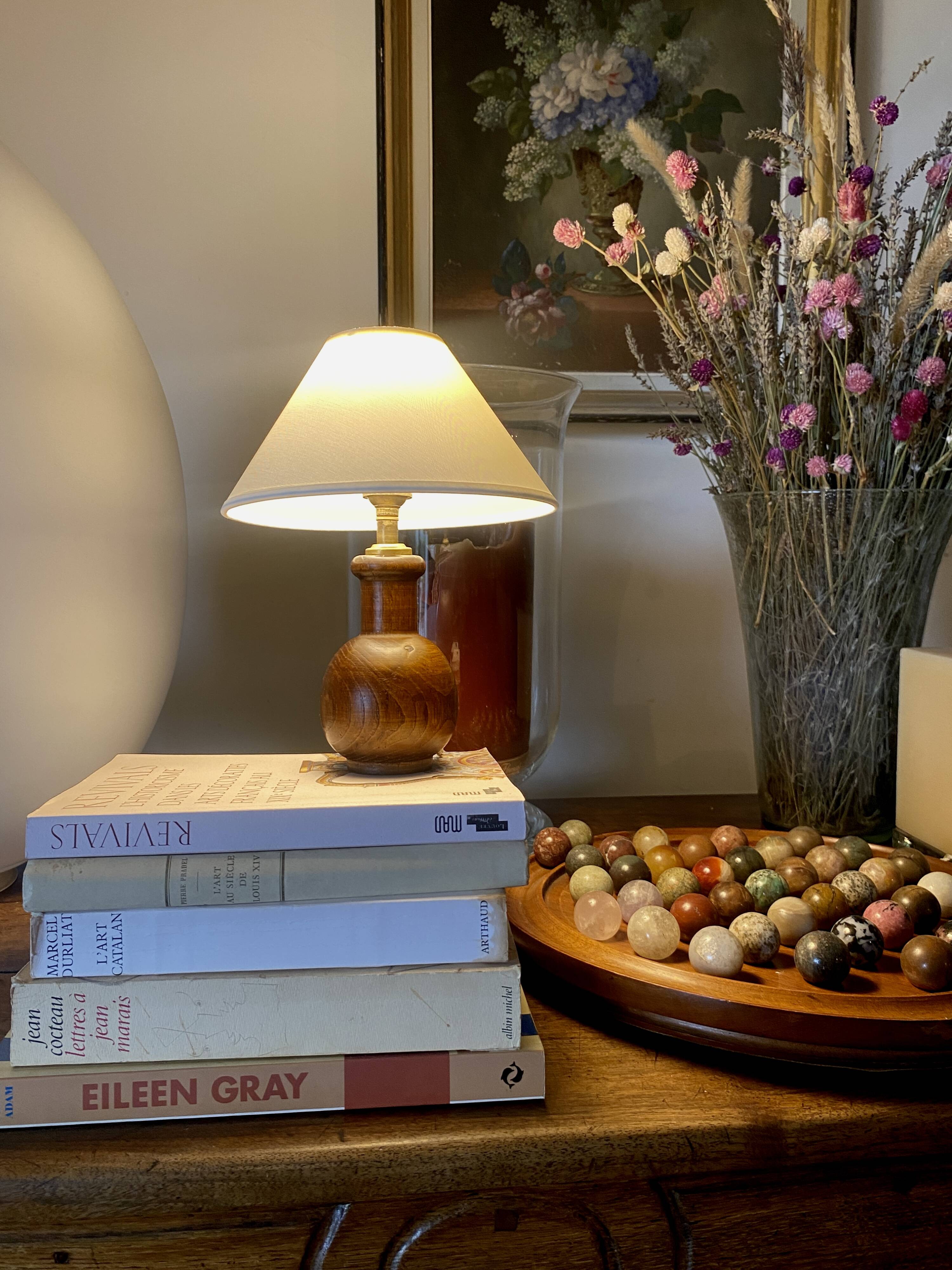 Wooden lamp, fabric cable, cotton lampshade