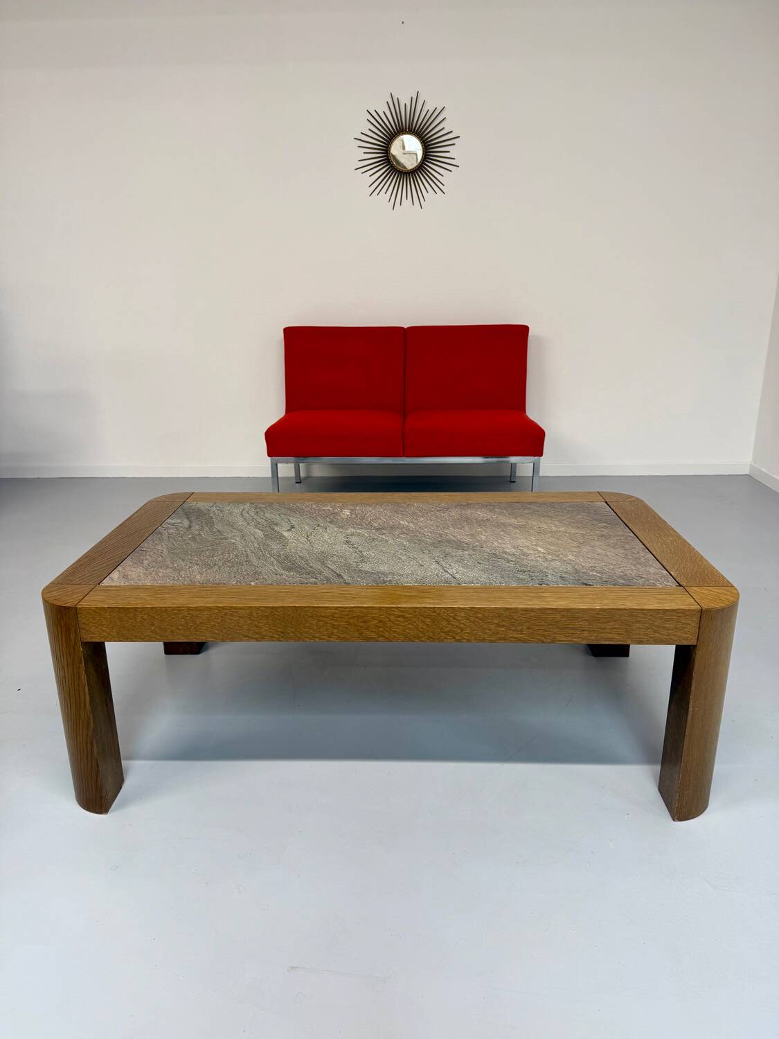 Old coffee table in wood and granite stone, vintage design from the 70s
