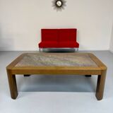 Old coffee table in wood and granite stone, vintage design from the 70s