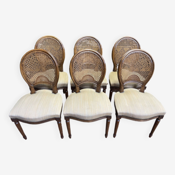 Suite of 6 Louis XVI style chairs in cane and fabric
