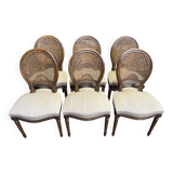 Suite of 6 Louis XVI style chairs in cane and fabric