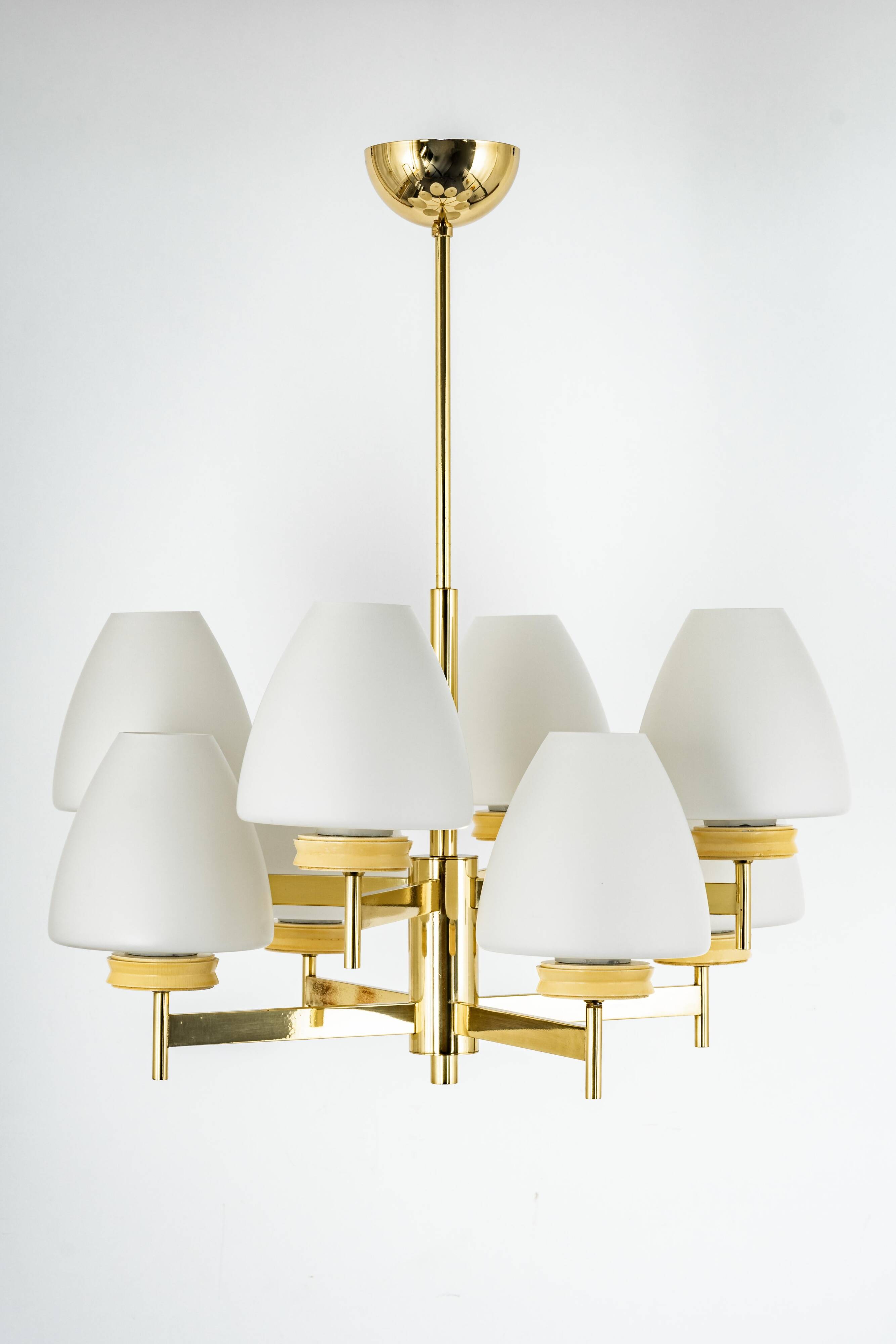 Sputnik chandelier with opaline glass by Kaiser, Germany, 1970s.