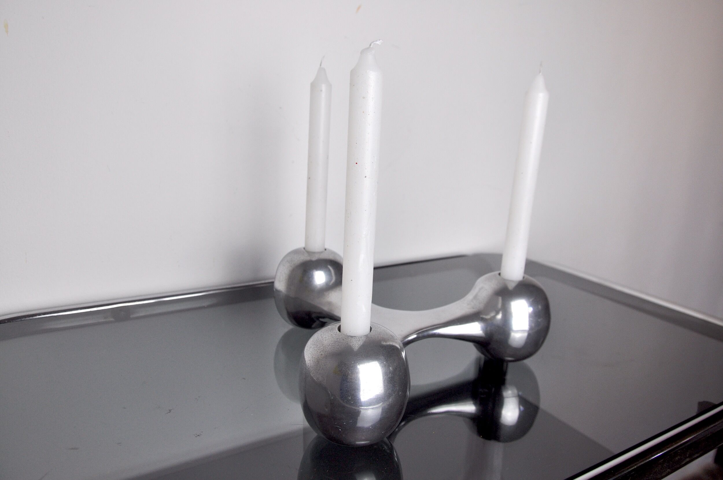 Scandinavian Boomerang candle holders, aluminium, Denmark, 1970