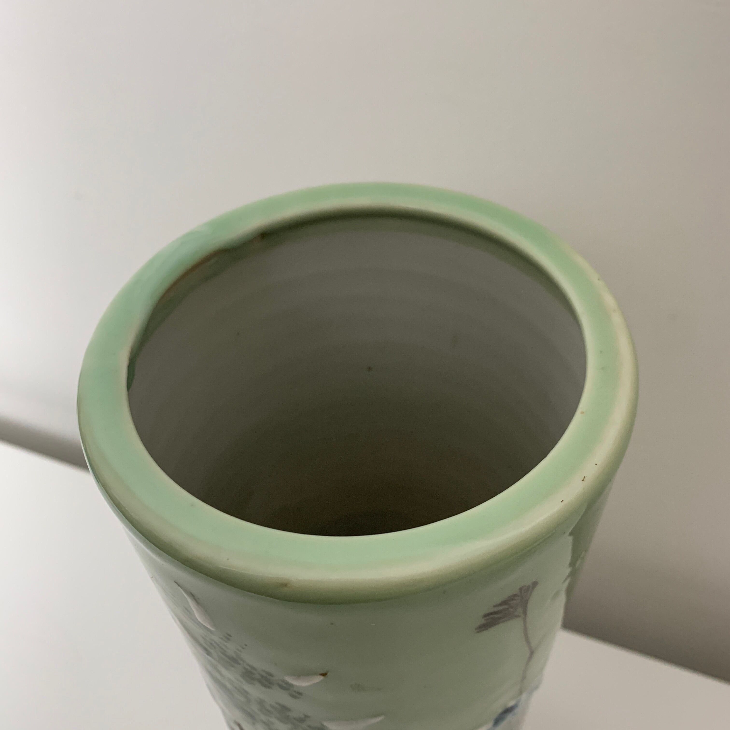 Ancient Japanese roll vase Celadon Seto 19th flower decoration