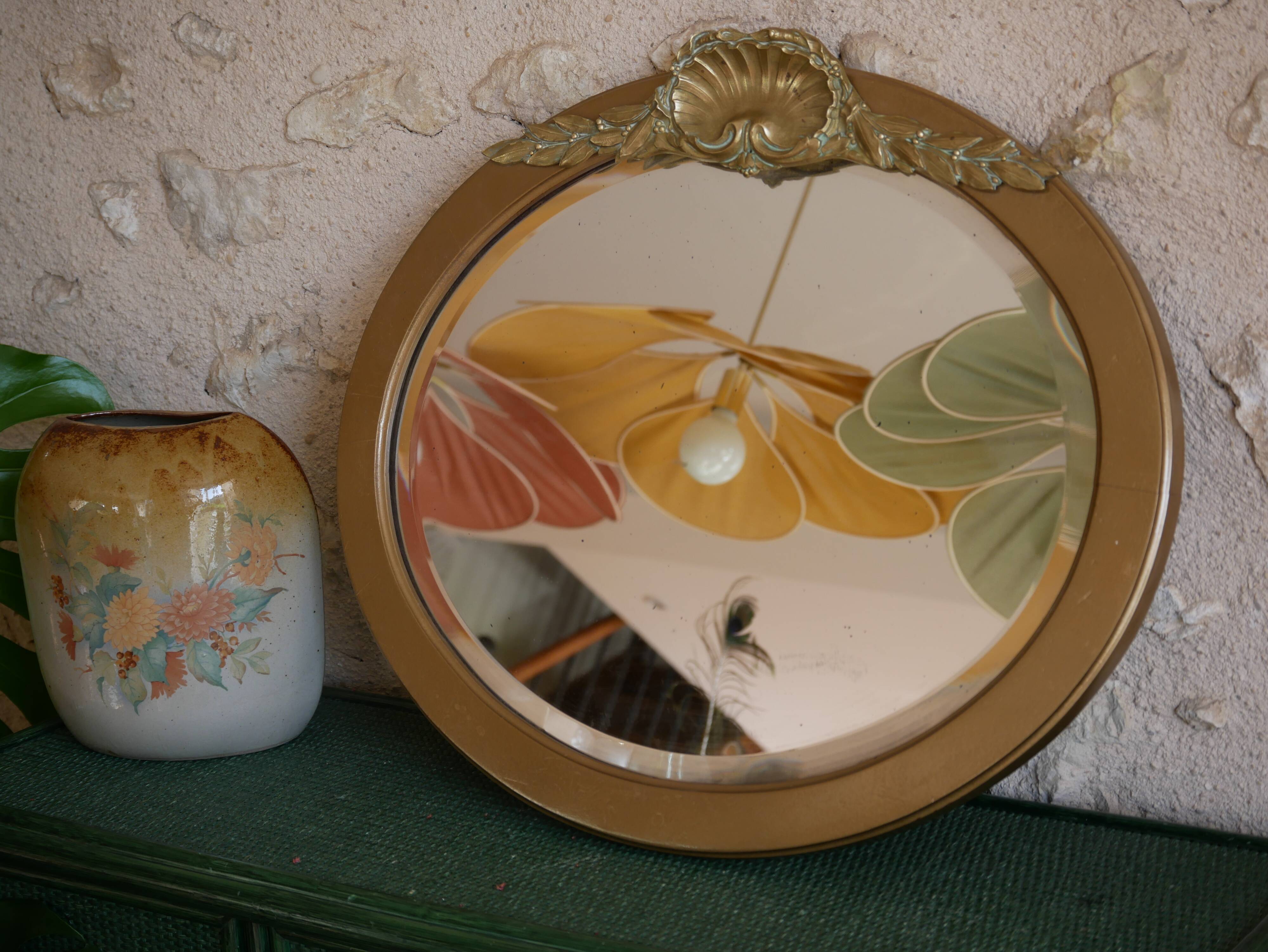 Golden wooden art deco oval mirror - 50x58cm
