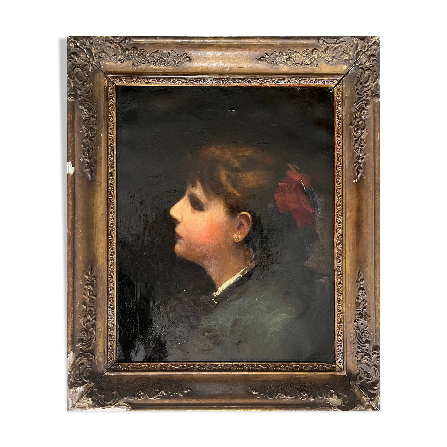 HST painting "Portrait of a young woman with a red bow" 19th century for restoration