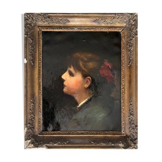 Tableau HST "Portrait de jeune femme au noeud rouge" XIX° pour restauration