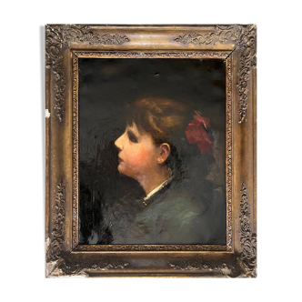 HST painting "Portrait of a young woman with a red bow" 19th century for restoration