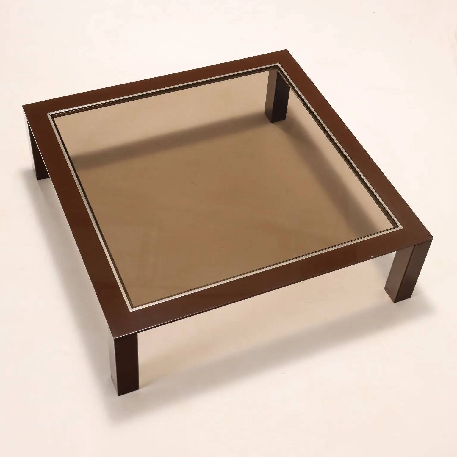 Vintage coffee table from the 1970s-80s in enamelled metal and smoked glass.