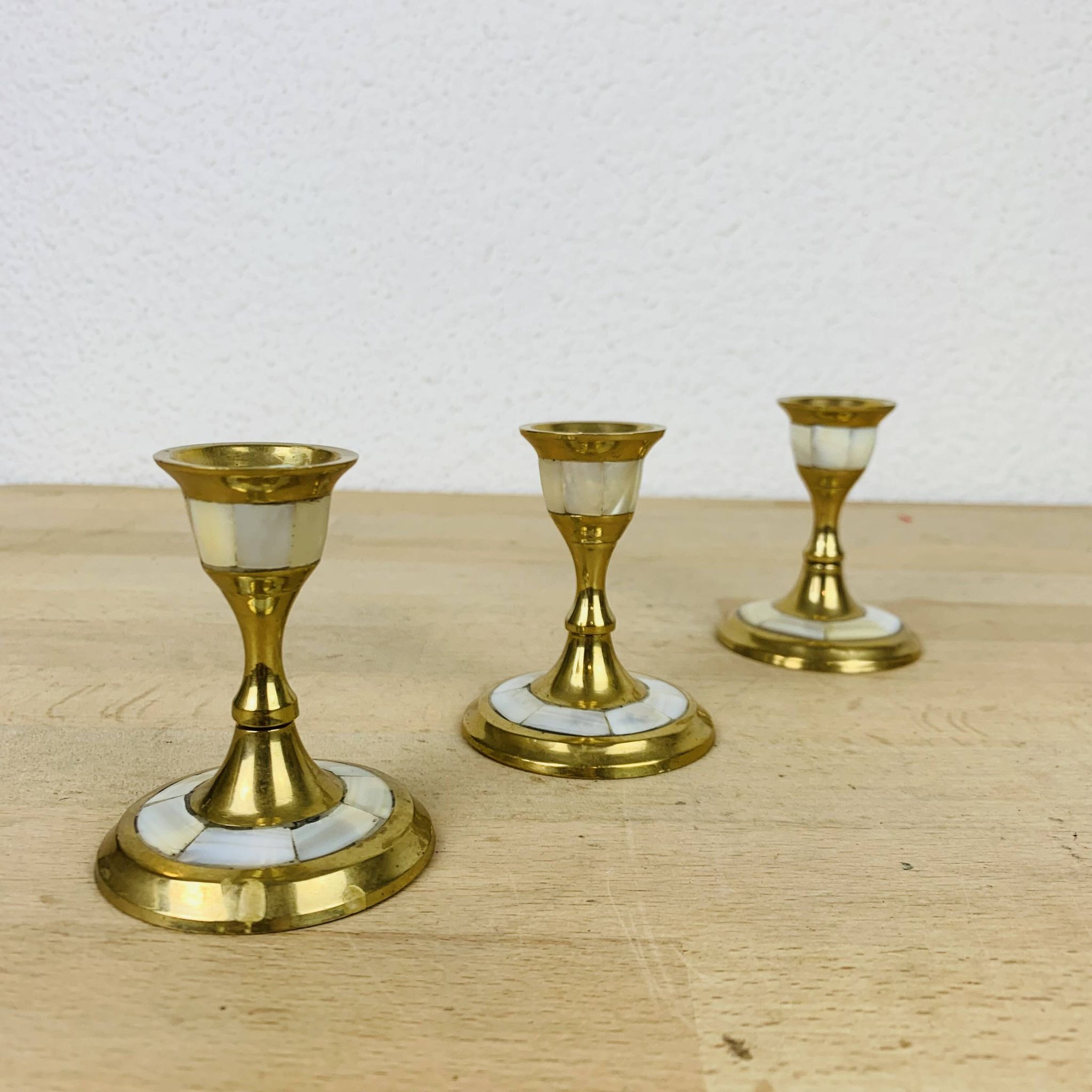 3 vintage mother-of-pearl and golden brass candlesticks