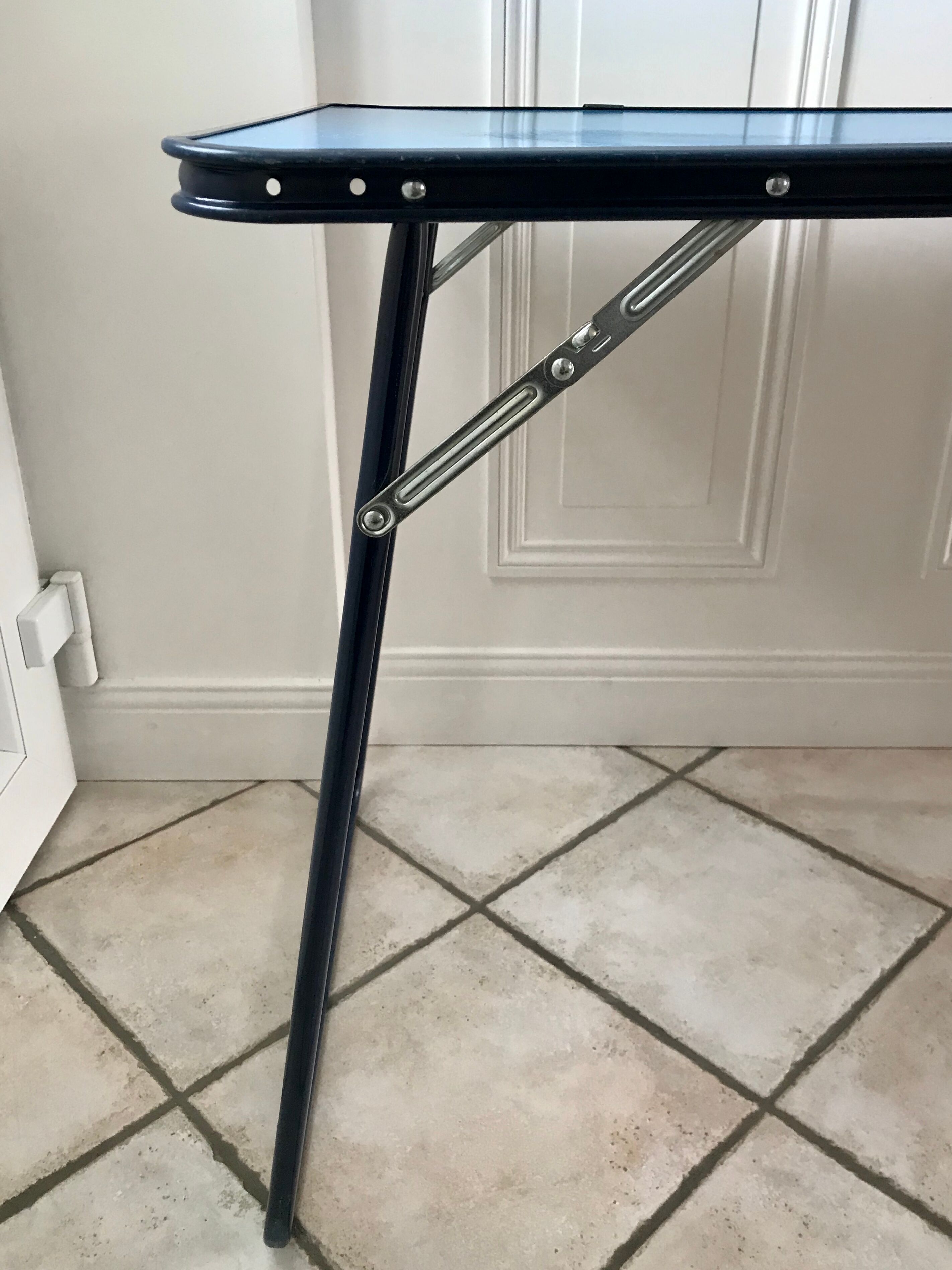 Folding camping table in sky blue formica 70s