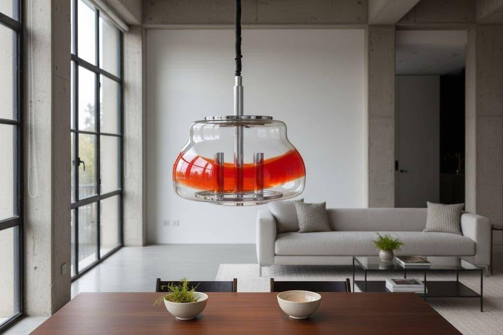 Vintage Murano glass pendant light with orange accent.