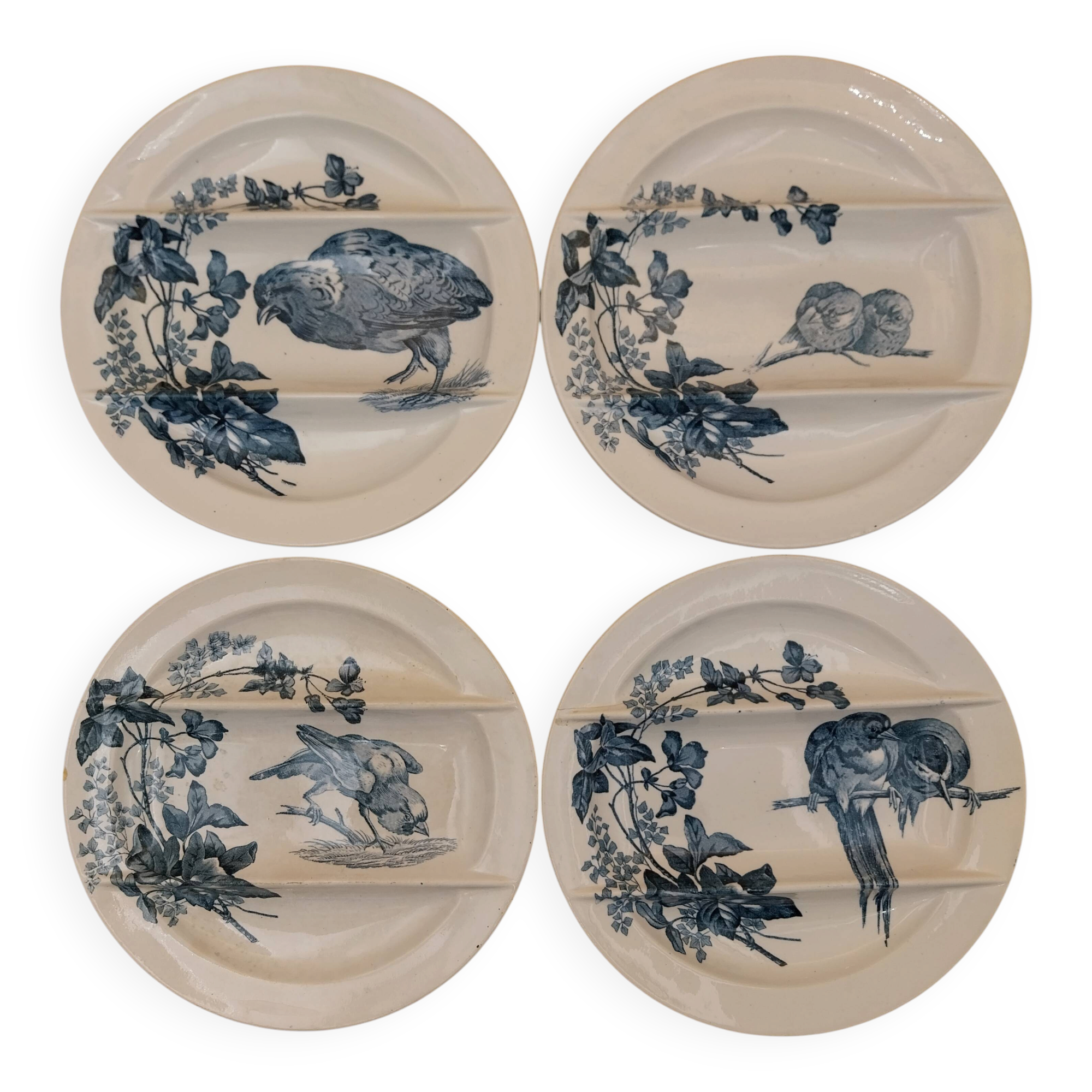 4 asparagus plates Longwy model Birds flowers blue decoration