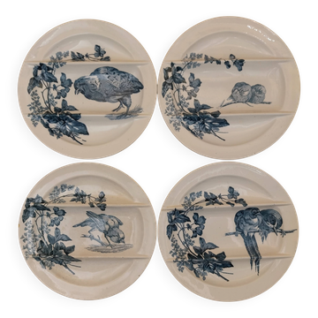 4 asparagus plates Longwy model Birds flowers blue decoration