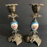 Pair of Napoleon III candlesticks in bronze and floral porcelain