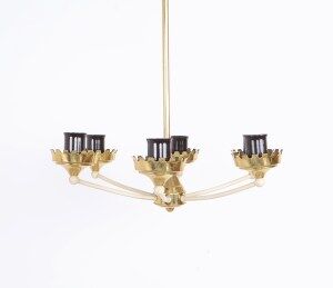Vintage 6-arm chandelier in brass and milk glass, 1960s