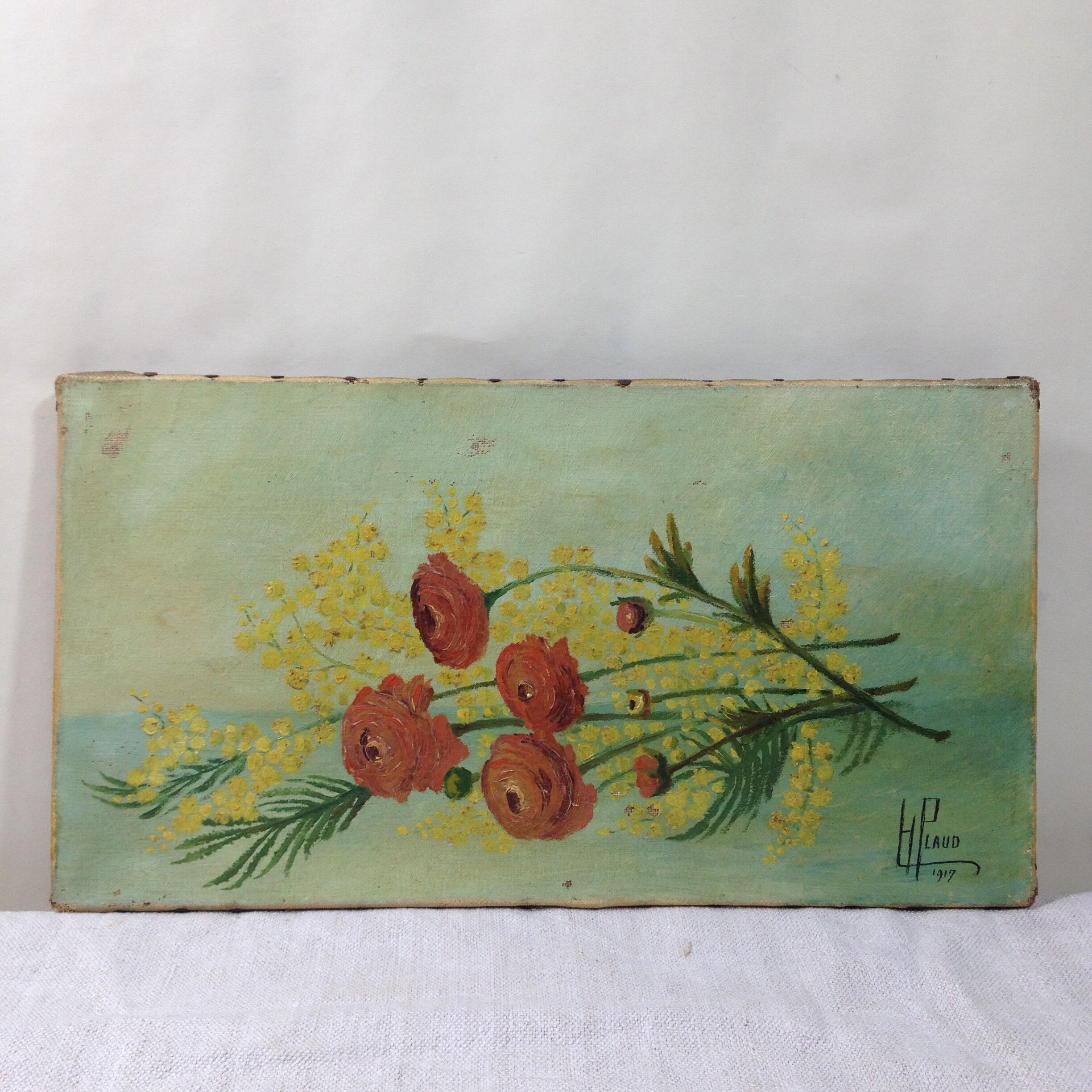 Old painting signed cut flowers 1917