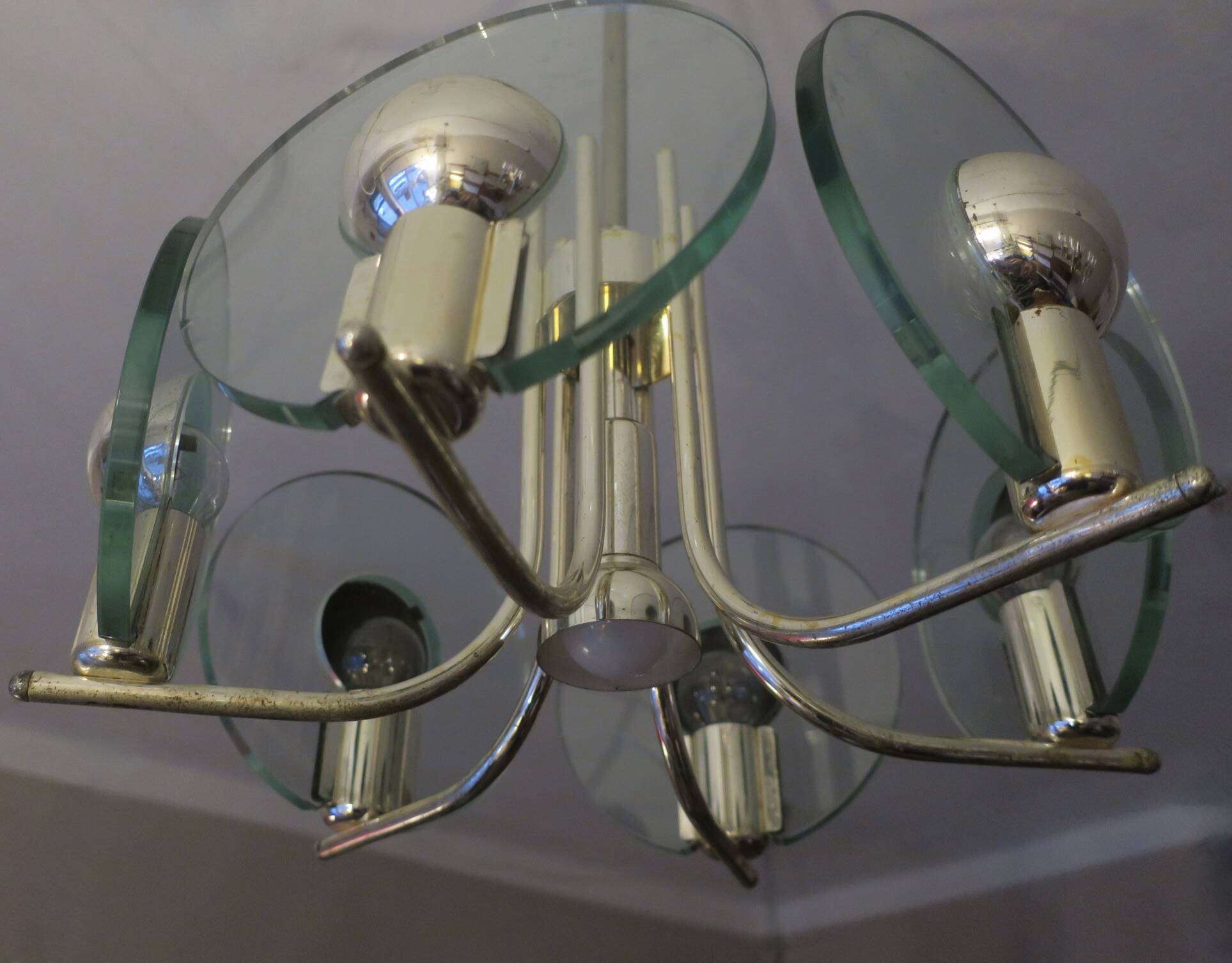 Silver plated chandelier with six crystal glass discs, Italy 1960s