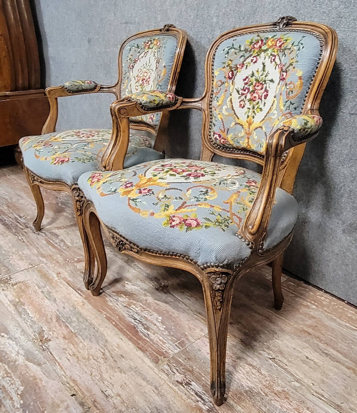 Pair of Louis XV style cabriolet armchairs in walnut