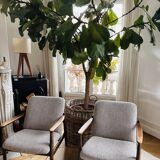 Pair of vintage mid-century armchairs in light gray linen