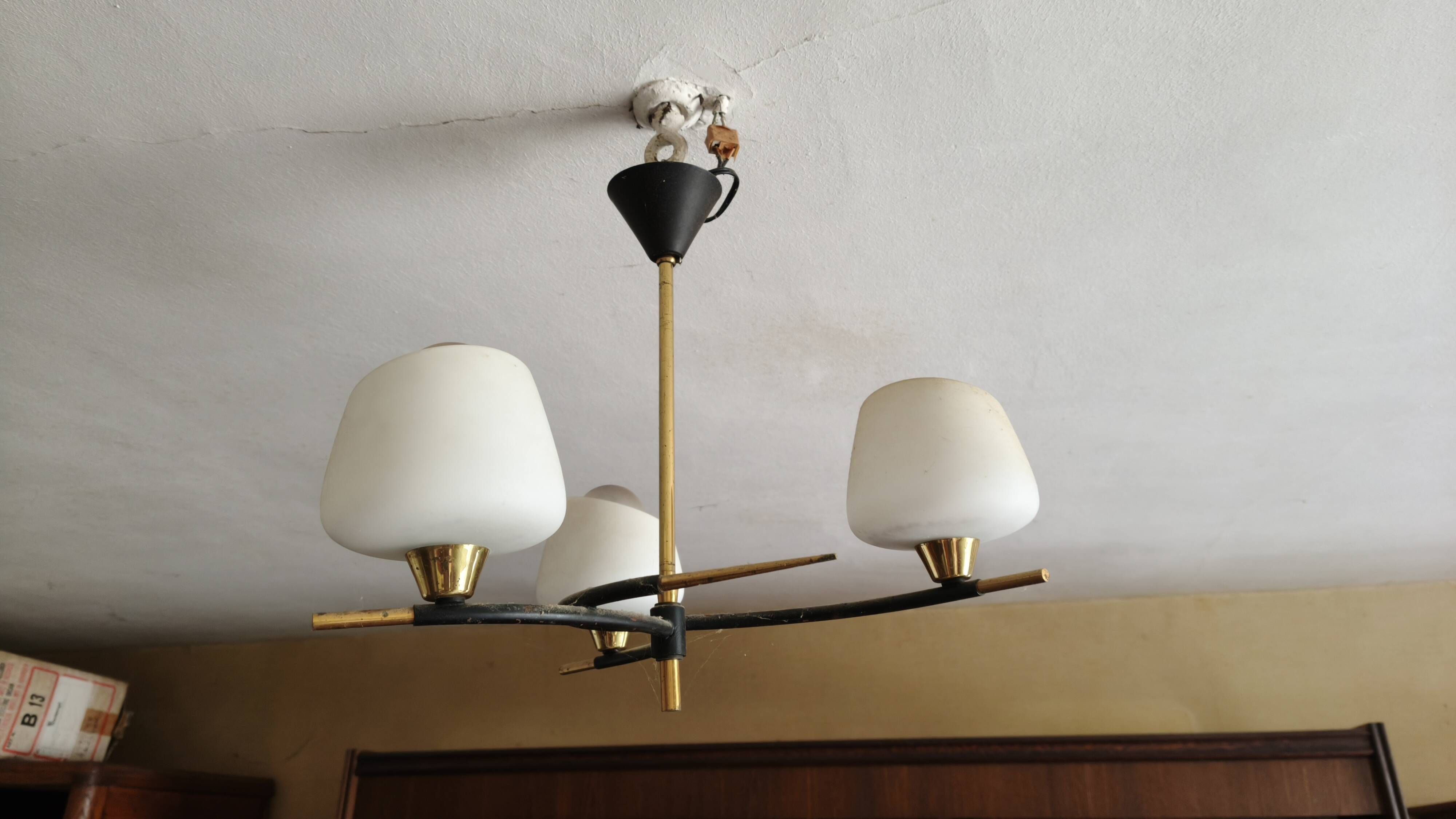 Arlus chandelier with 3 lights, opal glass and brass, 1950s.