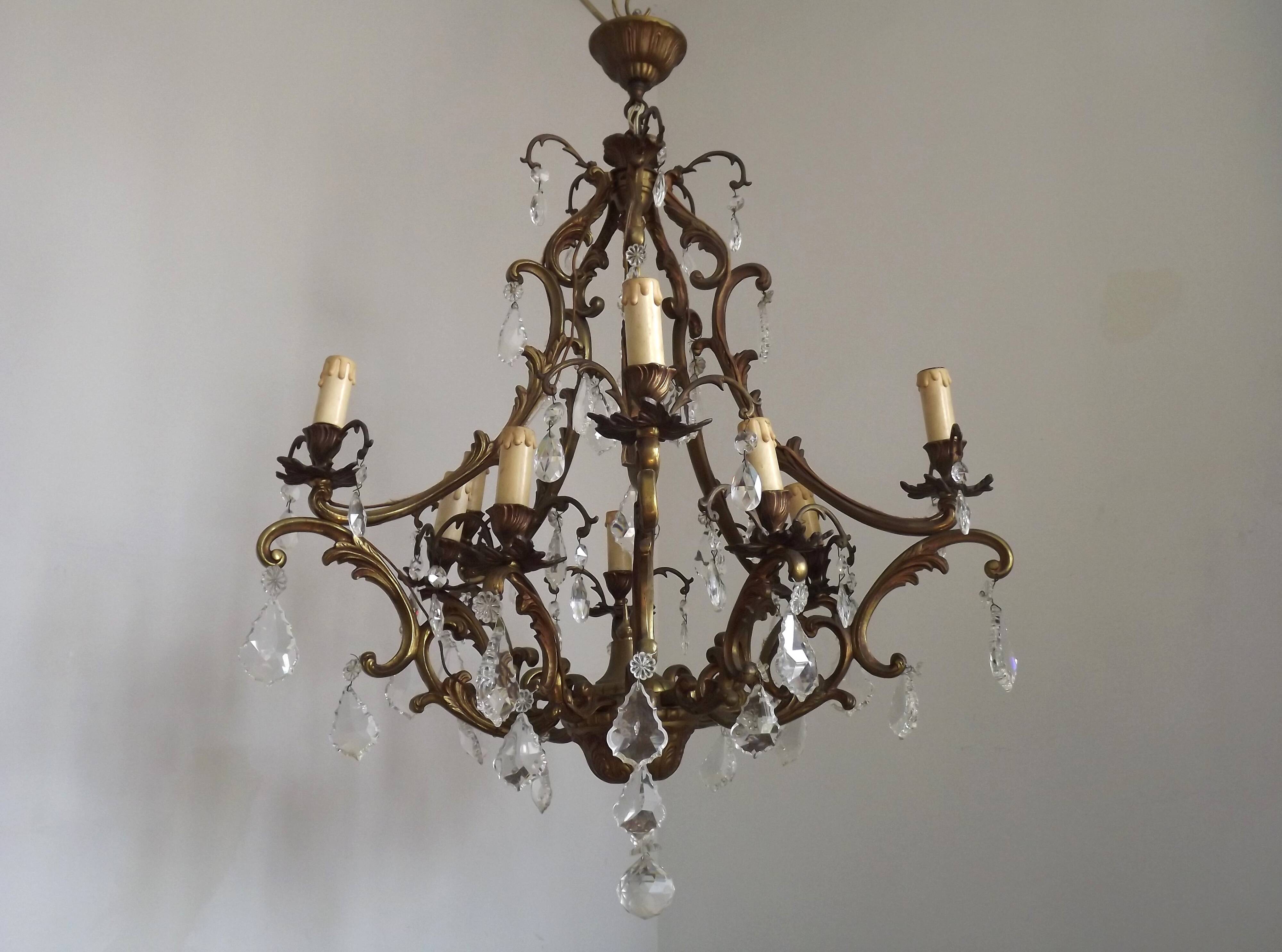 10 Light 5 Sided Bronze and Crystal Cage Chandelier