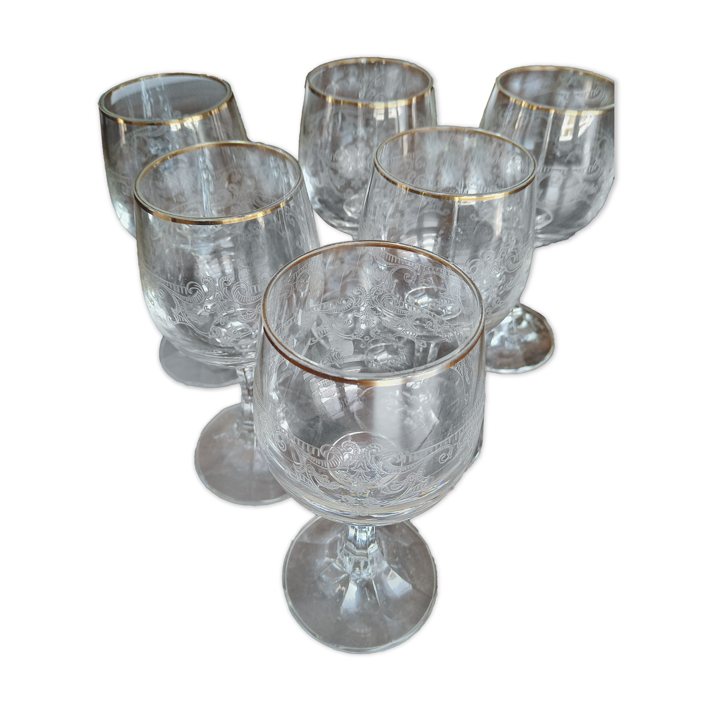 Set of 6 ancient white wine glasses in engraved crystal and gold border
