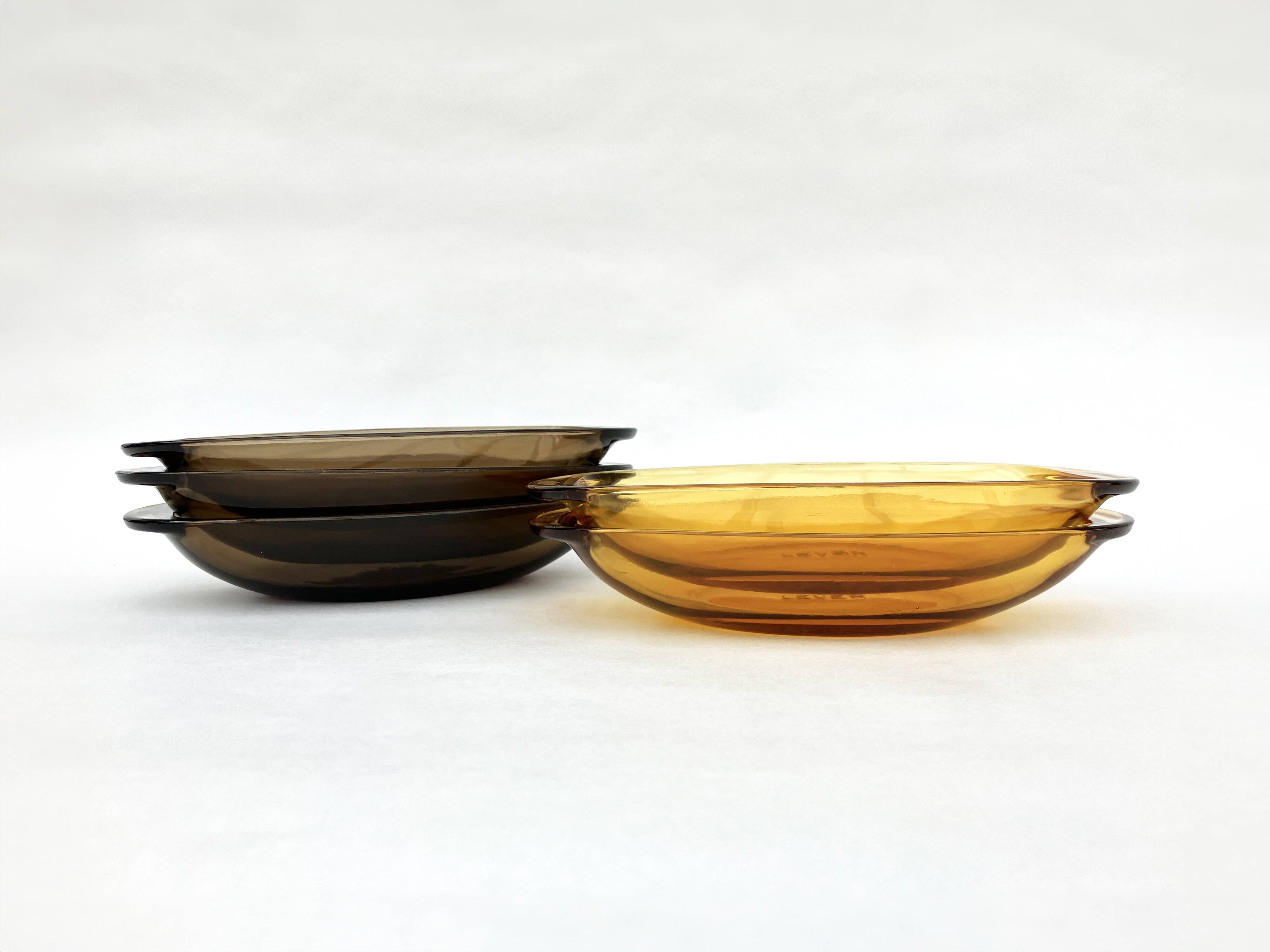 Set of 5 small oval eared dishes in amber and smoked tempered glass
