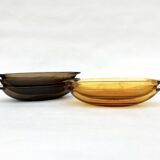 Set of 5 small oval eared dishes in amber and smoked tempered glass