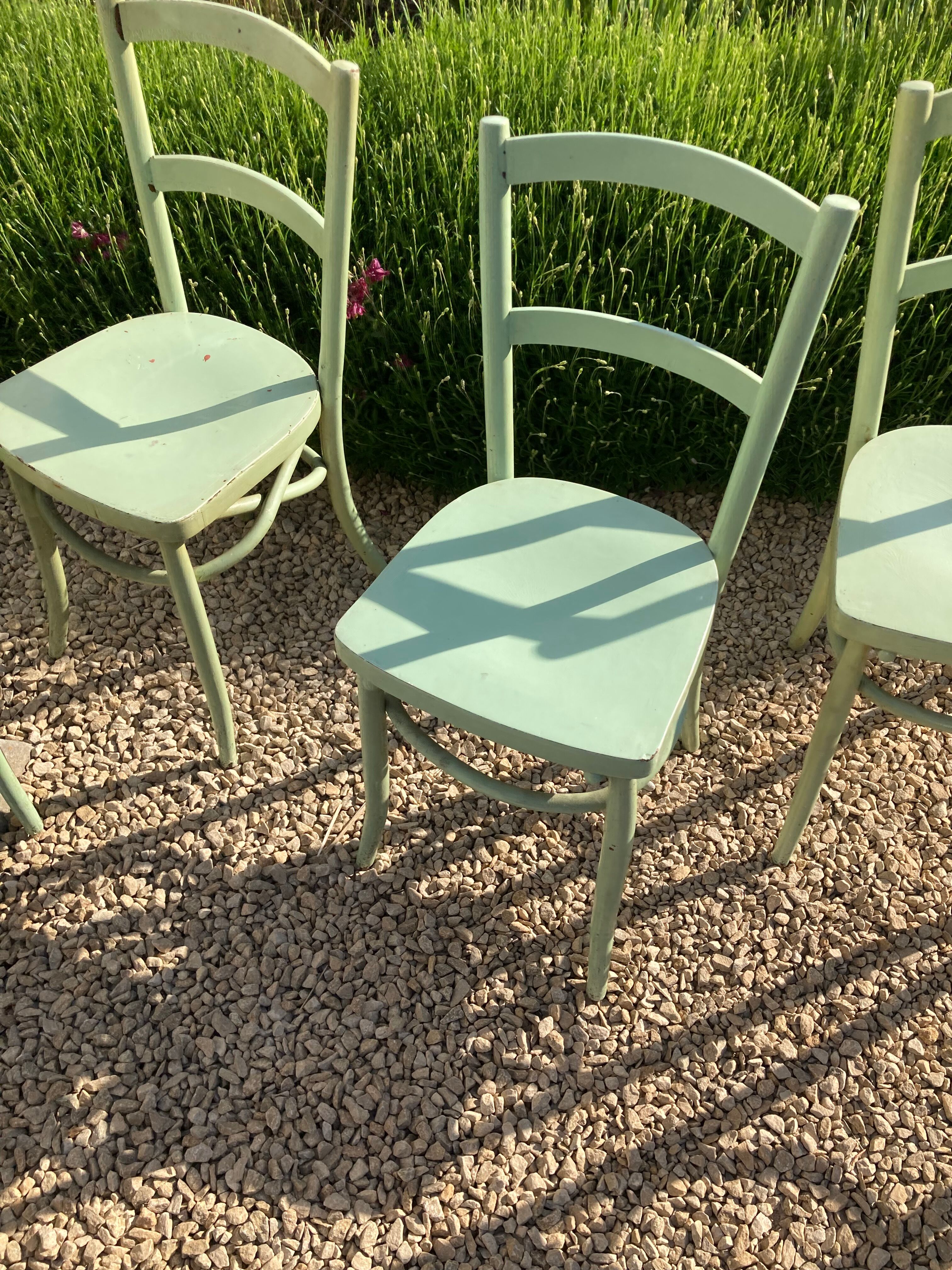Set of 6 green patinated bistro chairs