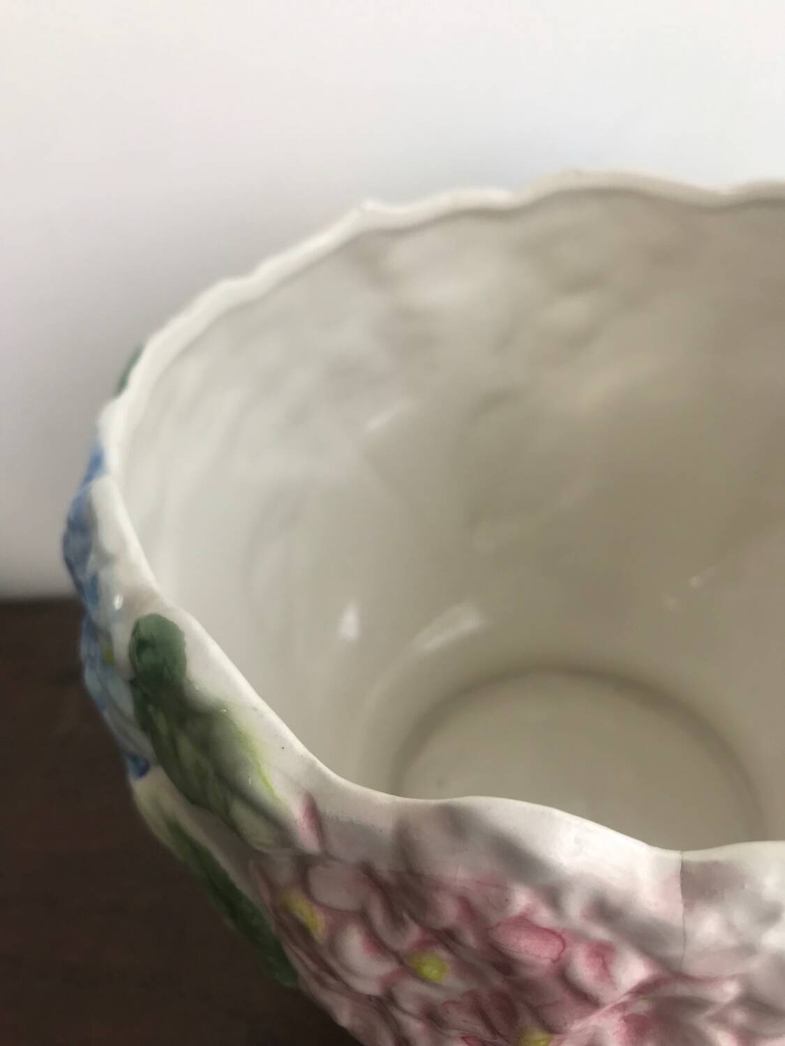 Vintage slip pot with hydrangea pattern